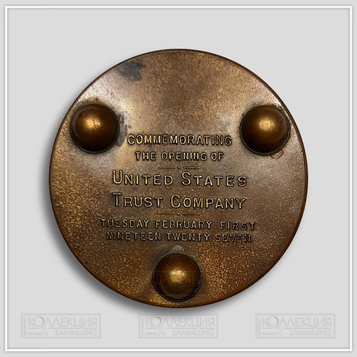 Franz F. Eue. Opening of the United States Trust Company of Newark, New Jersey. Bronze, 1927. Whitehead & Hoag Company. D=76 mm