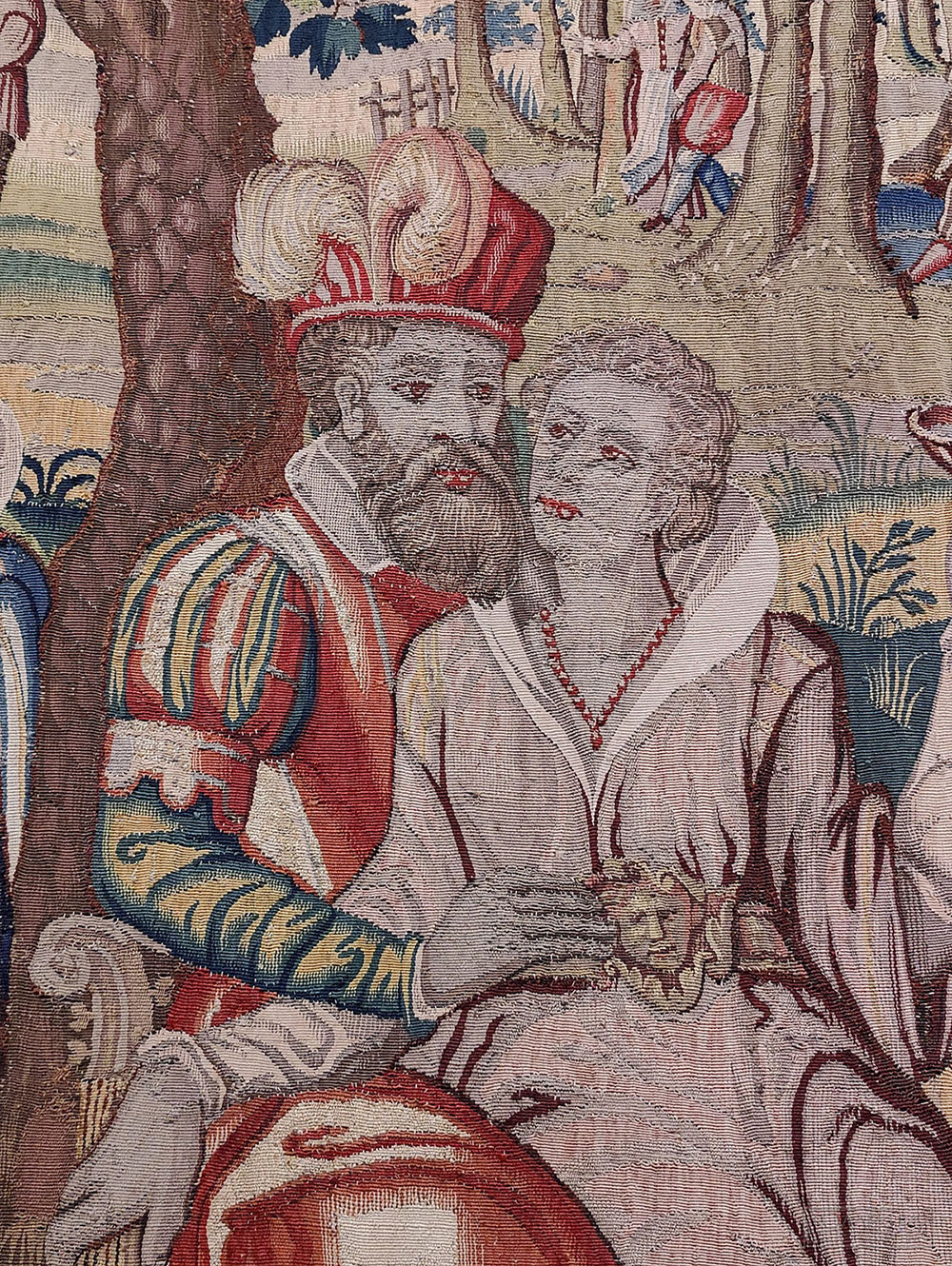 Шпалера "Сад любви". Южные Нидерланды, Брюгге. Конец XVI - начало  XVII века. Шерсть, шёлк; шпалерное ткачество. ГМИИ им. А.С. Пушкина (Фрагмент)
