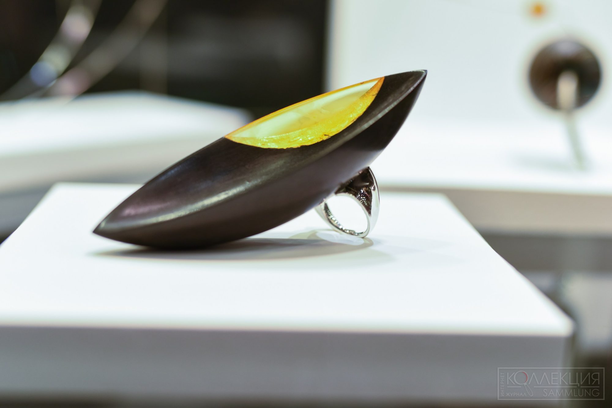 Кольцо "Ра". 2023. Тонированная древесина, янтарь, серебро