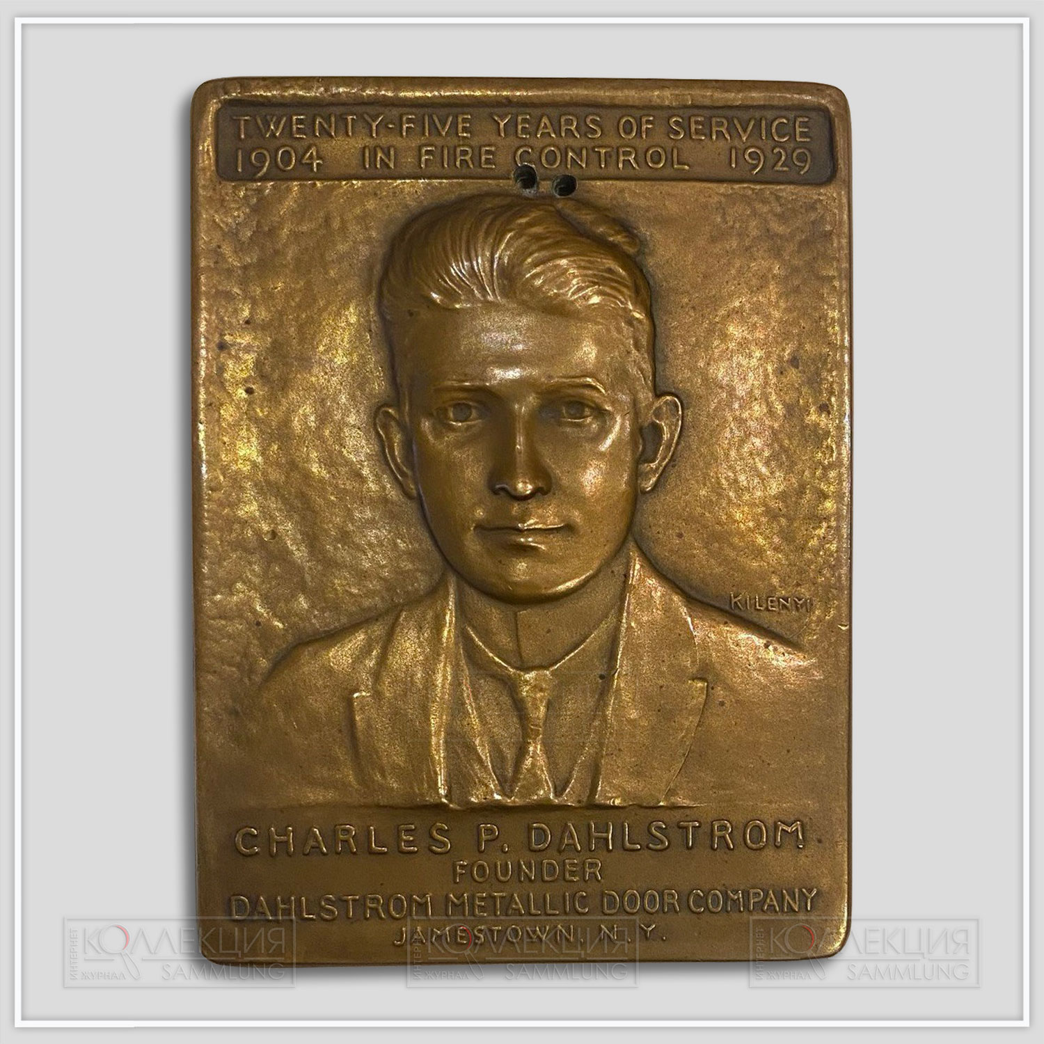 Julio Kilenyi. Dahlstrom Metallic Door Company 25th Anniversary Plaquette. Bronze (101 mm х 76 mm, p = 301 gr), 1929. Whitehead & Hoag Company