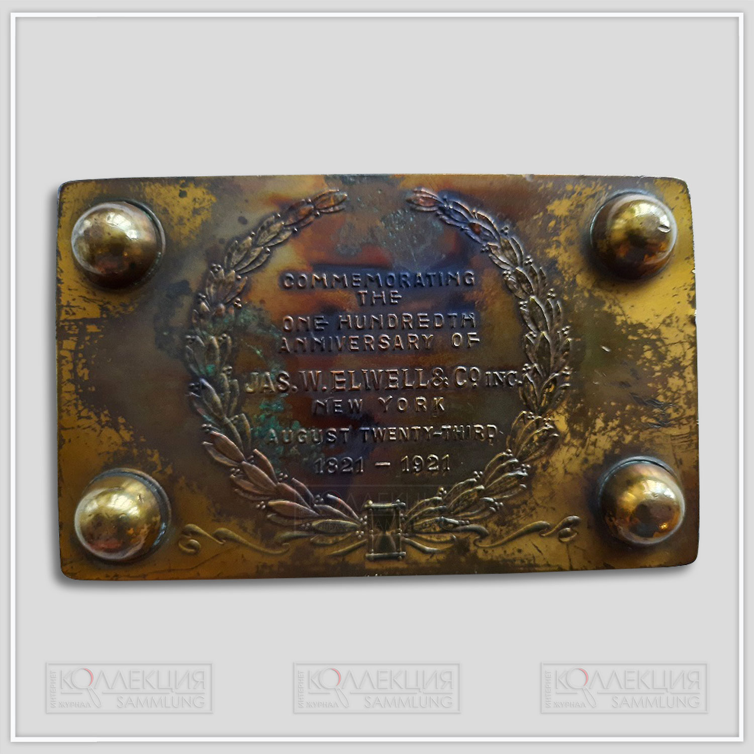 Unsigned. James W. Elwell & Co., Inc. 100th Anniversary Paperweight. Bronze (101 mm x 63 mm, p=272 gr), 1921. Whitehead & Hoag Company