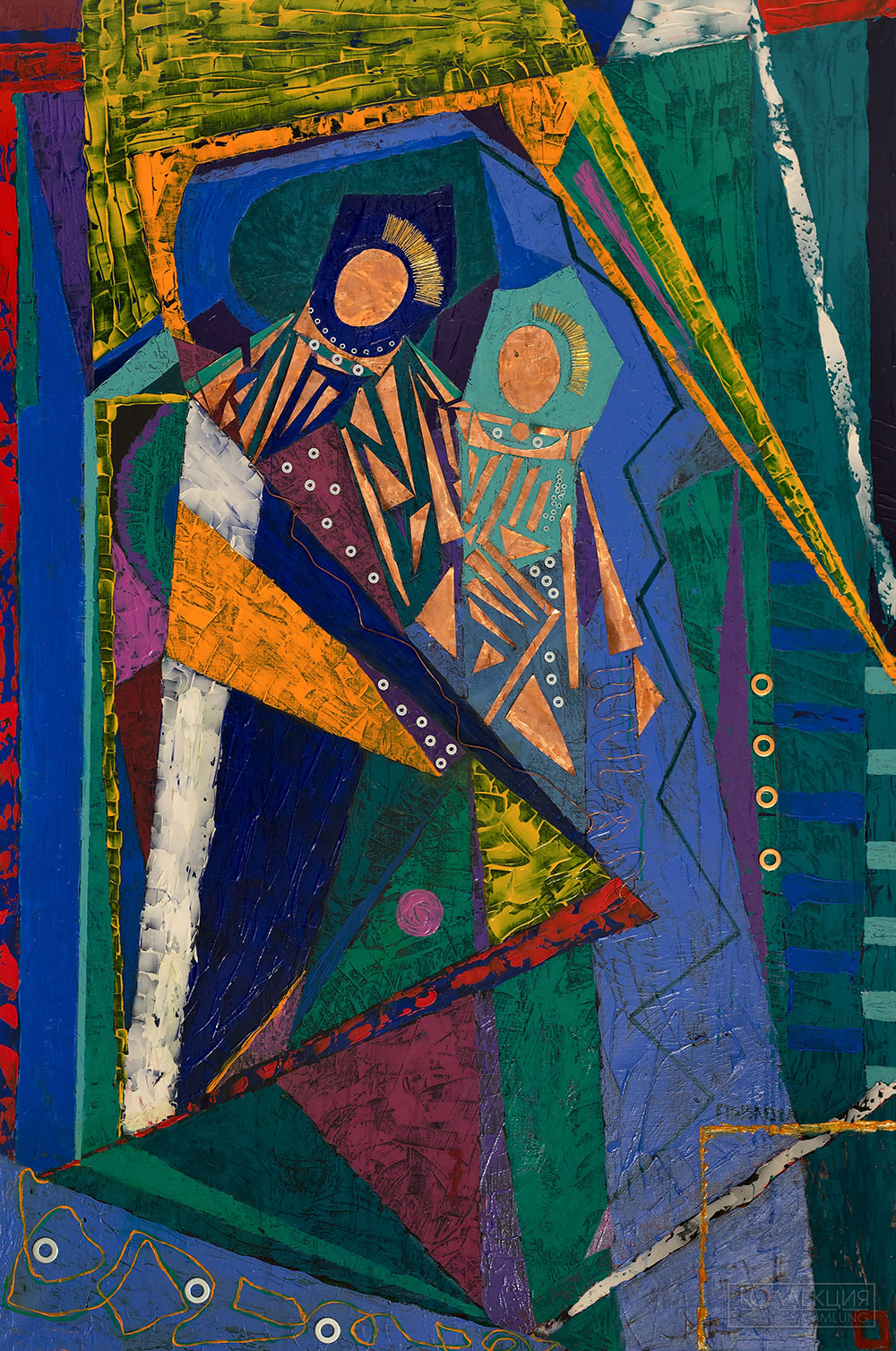 Елена Павлова. Богородица Казанская. 150х100 см, смешанная техника, масло, акрил, винтажная медь, маркёр, масляная пастель. 2023