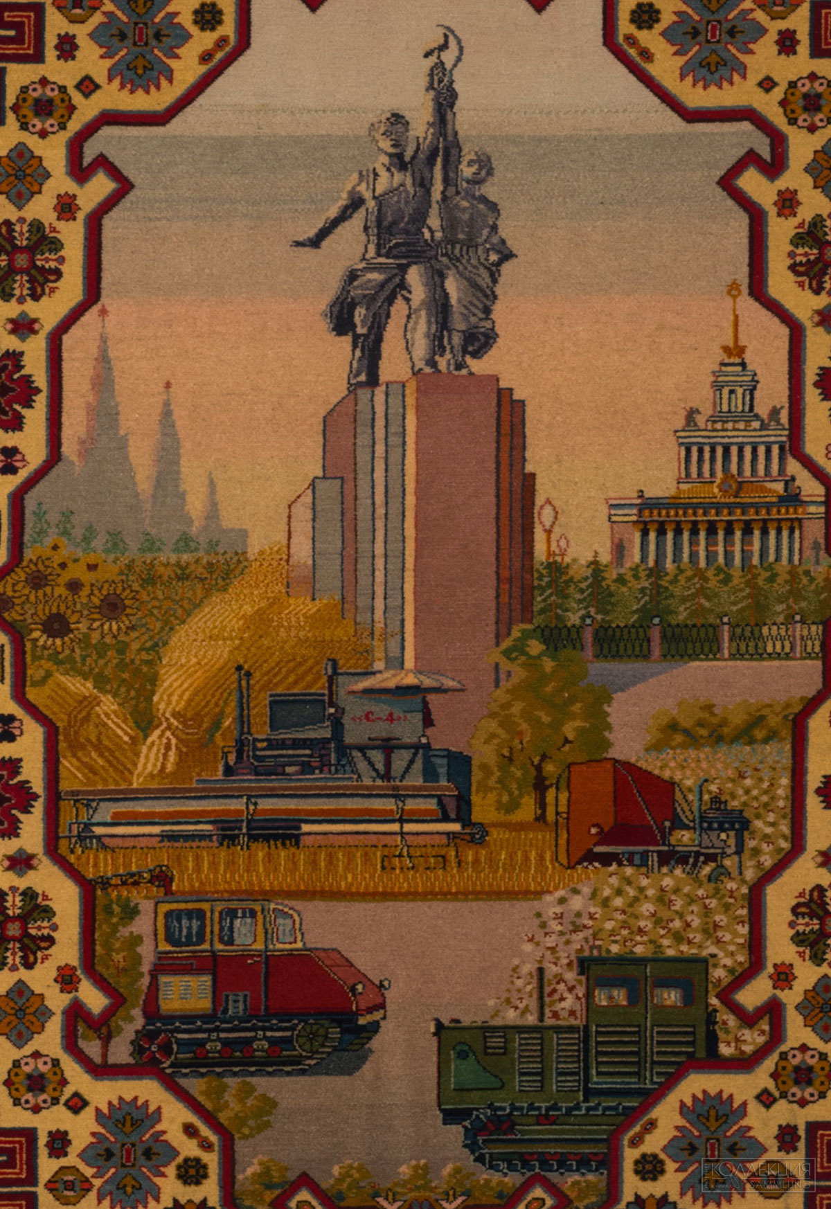 Ковёр ворсовый «ВСХВ». Дагестанская АССР. Рукельская артель. 1954 г. Нити шерстяные, нити хлопчатобумажные.. Ручная работа, ткачество ворсовое ручное. 395 х 260.. Всероссийский музей декоративного искусства (Фрагмент)