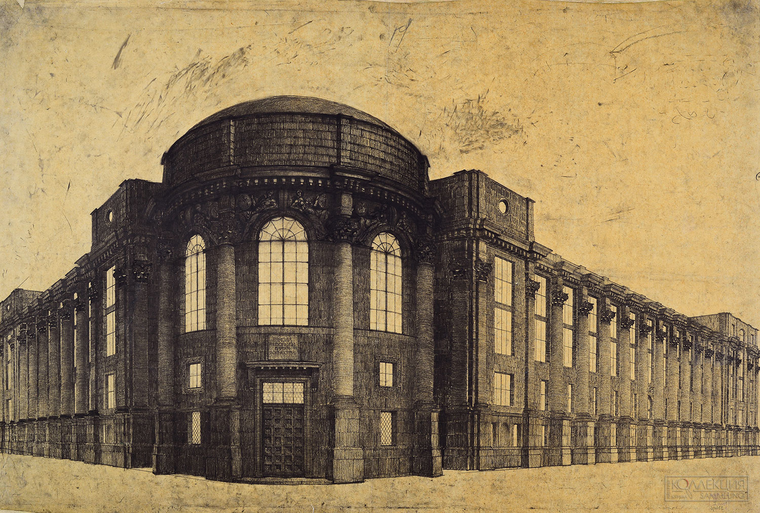 Л.А. Веснин, В.А. Веснин, А.А. Веснин. Конкурсный проект фасада здания Училища живописи, ваяния и зодчества на Мясницкой улице в Москве. Девиз «Школа искусств» (1-я премия). Перспектива. 1910. Калька, карандаш. Музей архитектуры имени А.В. Щусева.