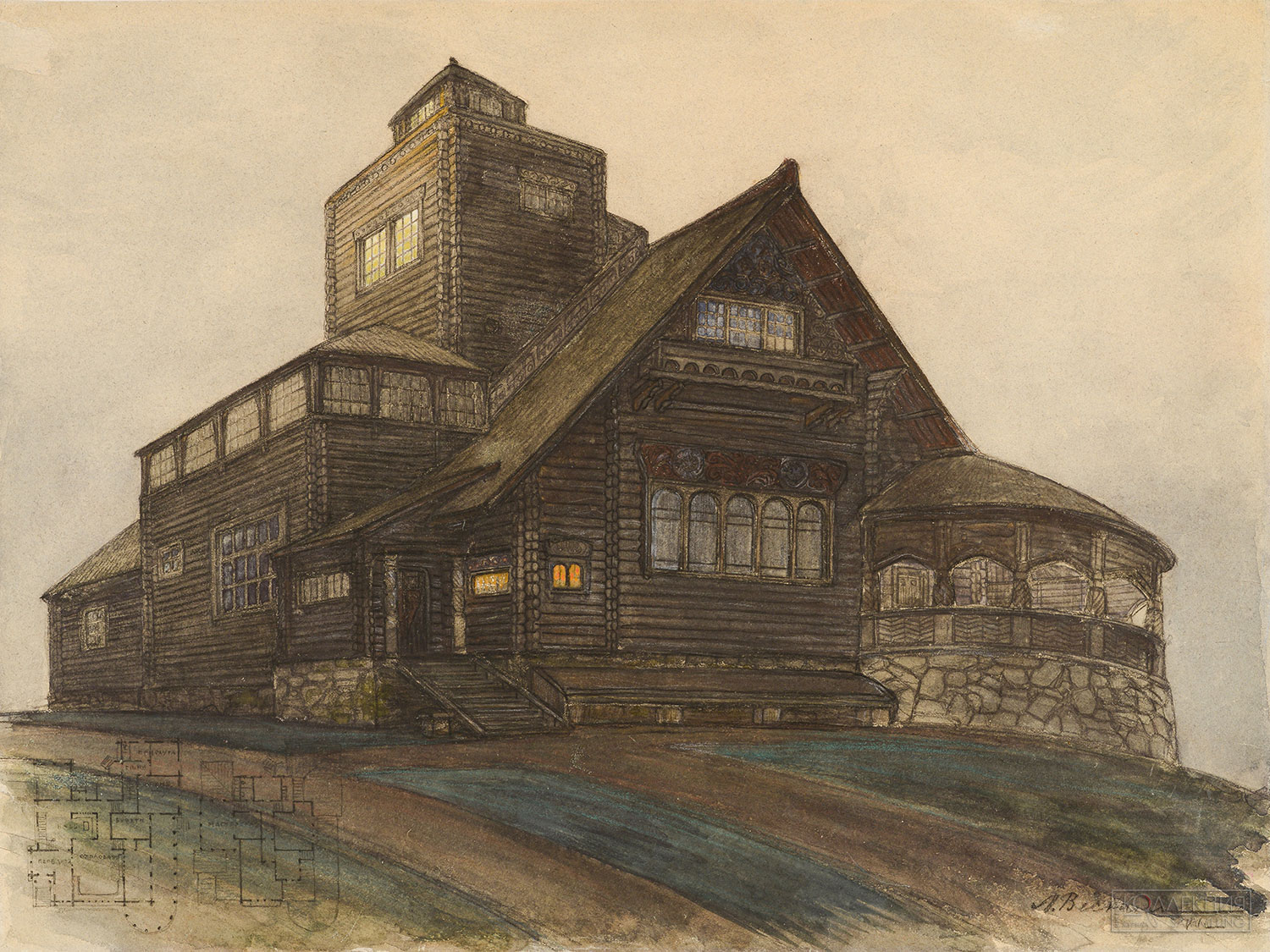 Л.А. Веснин, В.А. Симов. Проект дачи В. А. Носенкова в деревне Иваньково под Москвой (Береговая улица в Москве). Вариант. Перспектива. 1909. Бумага, итальянский карандаш, масляная пастель. Проект осуществлён. Музей архитектуры имени А.В. Щусева