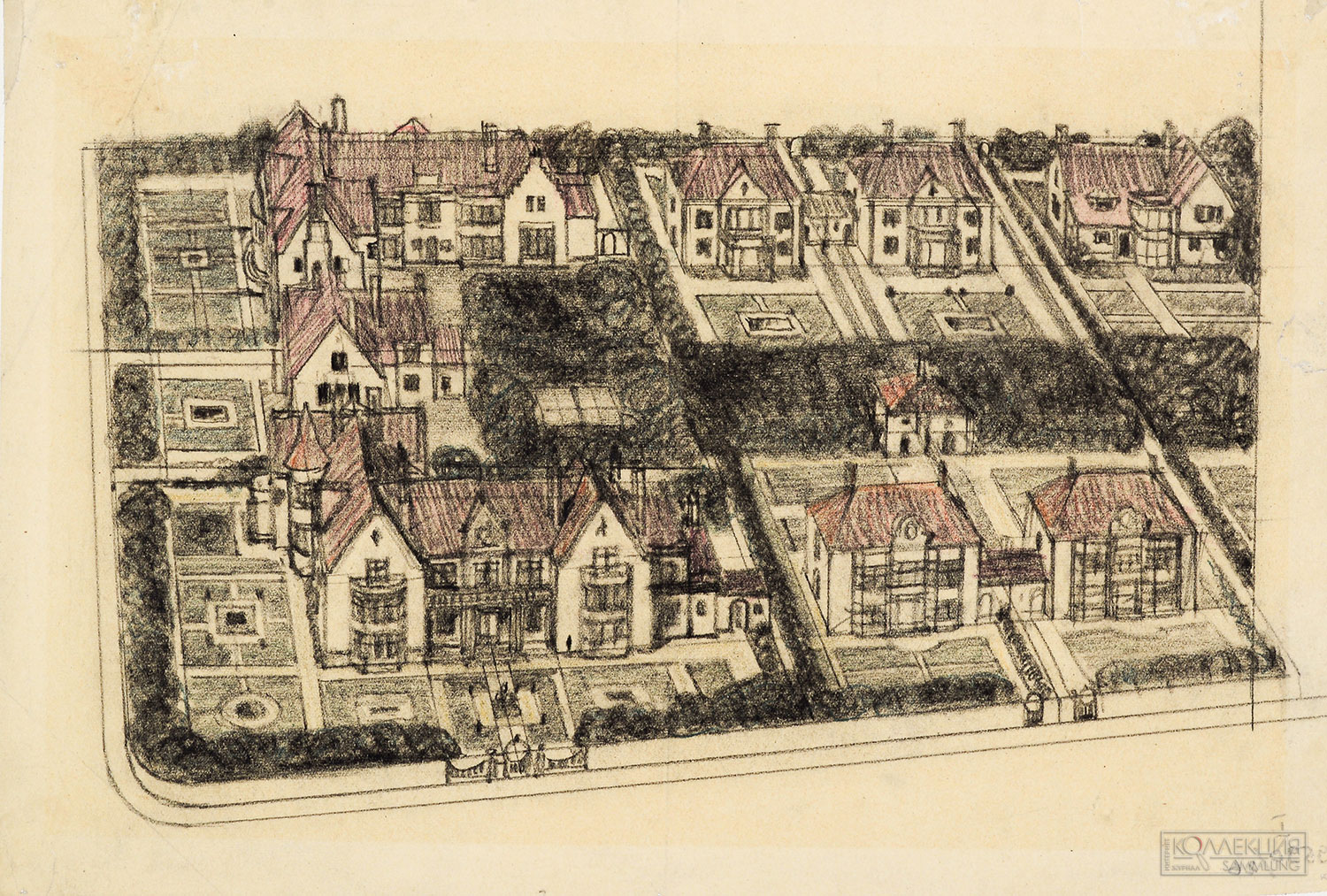 В.А. Веснин. Проект застройки «поселка-сада Никольское». Фрагмент общего перспективного вида (правая часть). Эскиз. 1914. Калька, карандаш, цветной карандаш. Музей архитектуры имени А.В. Щусева