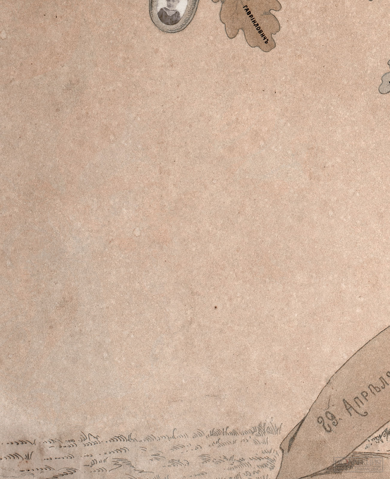 А.А. Веснин (дядя братьев) Генеалогическое древо семьи Весниных в честь 50-летия со дня свадьбы А.И. и Г.А. Весниных (дедушки и бабушки братьев). 1884. Музей архитектуры имени А.В. Щусева (Фрагмент)