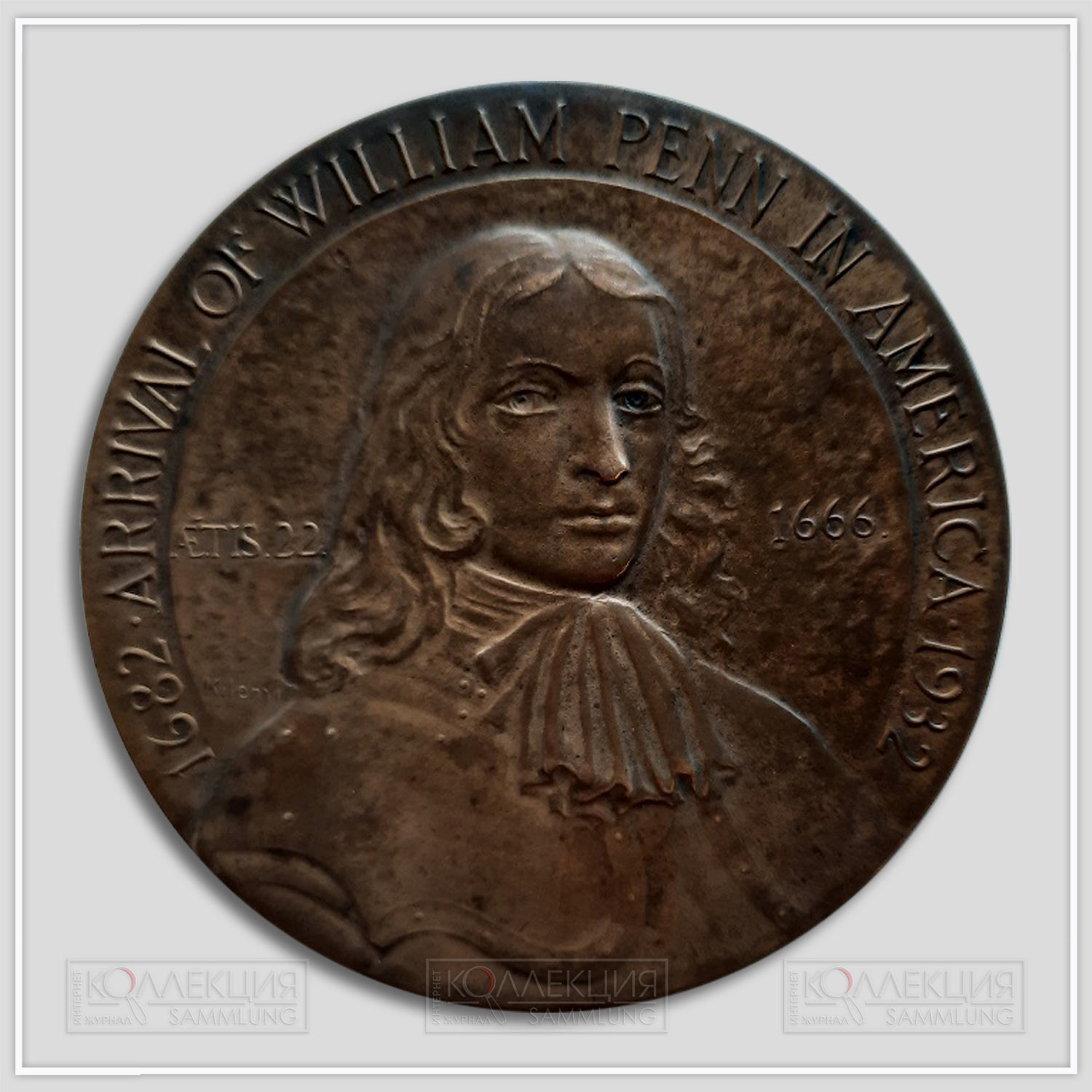 Julio Kilenyi. William Penn 250th Anniversary Medal. Bronze, 1933. Whitehead & Hoag Company. D=76 mm, p=135 gr; d=38 mm, p=25gr.