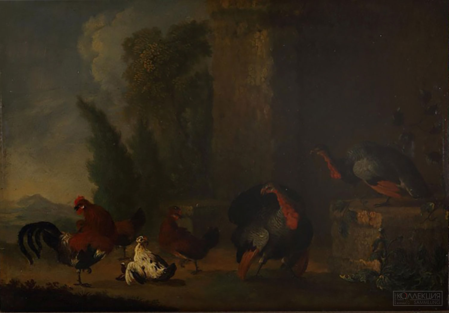 Фердинанд ван Кессель. Куры и индейки. Дерево, масло. XVII в. Пермская государственная художественная галерея