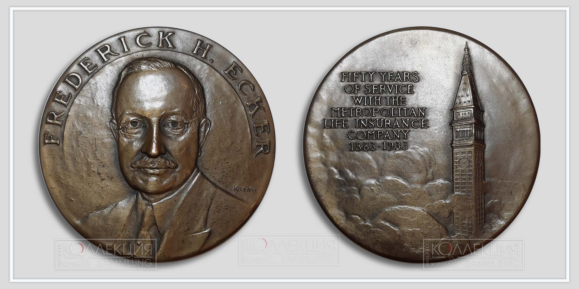 Julio Kilenyi. Metropolitan Life Insurance Company Frederick Ecker Medal. Bronze, 1933. Whitehead & Hoag Company. D=76 mm, p=175 gr.