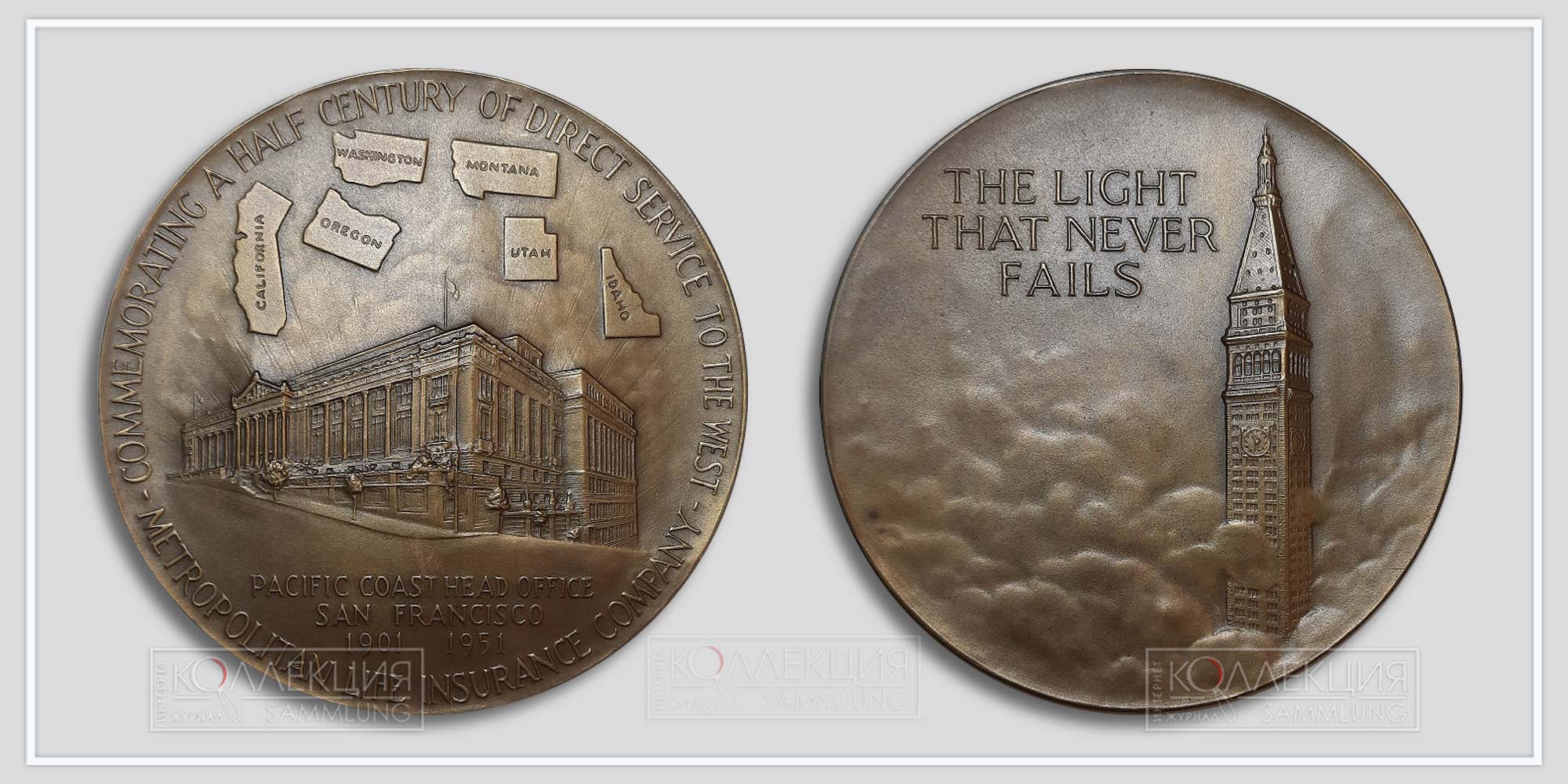 Rene P. Chambellan. Metropolitan Life Insurance Company Pacific Coast 50th Anniversary Medal. Bronze, 1951. Medallic Art Company (MACo 1951-001). D=76 mm, p = 185 gr.