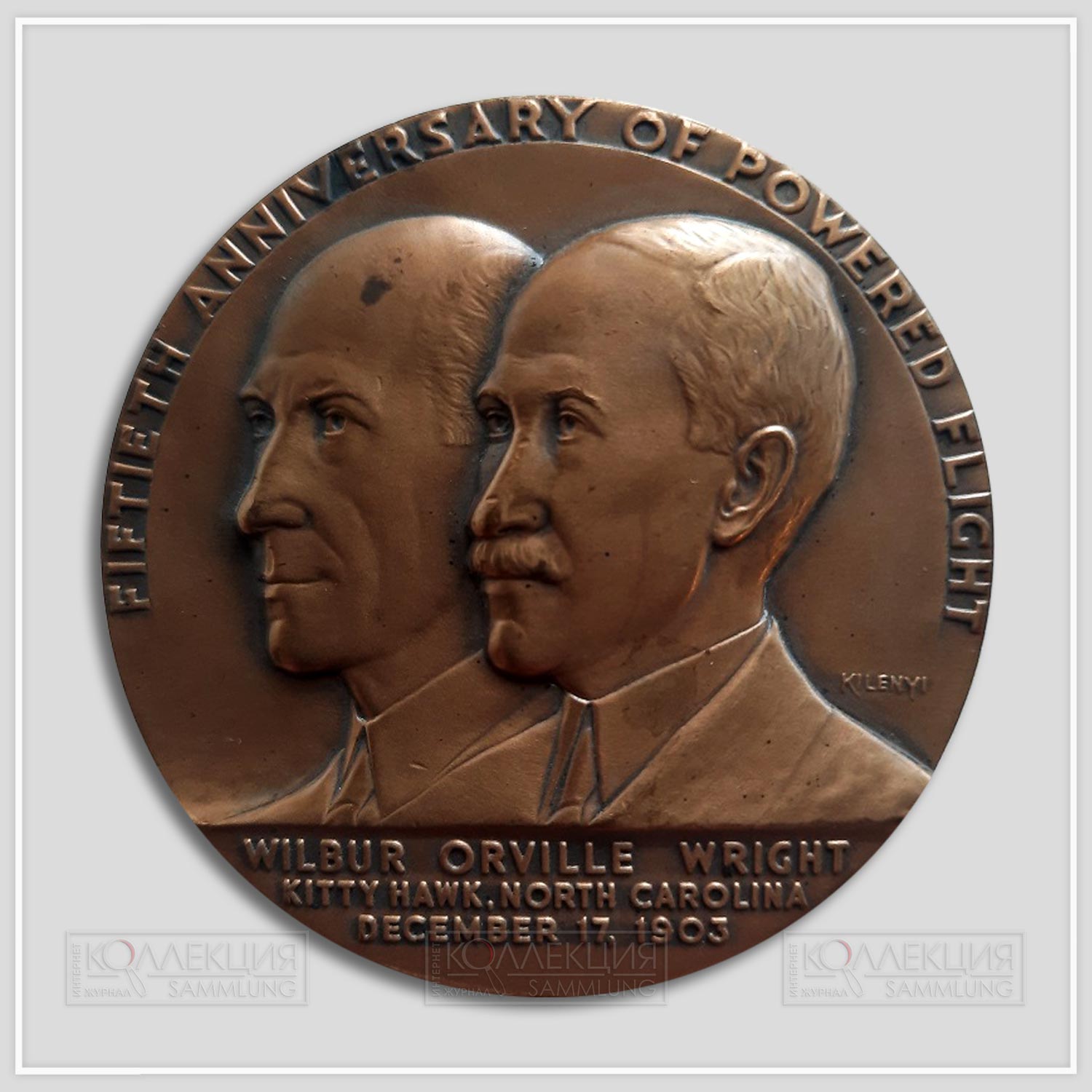 Julio Kilenyi. Wright Brothers and Powered Flight 50th Anniversary Medal. Bronze, 1953. Whitehead & Hoag Со. D=60,5 mm, p=134 gr