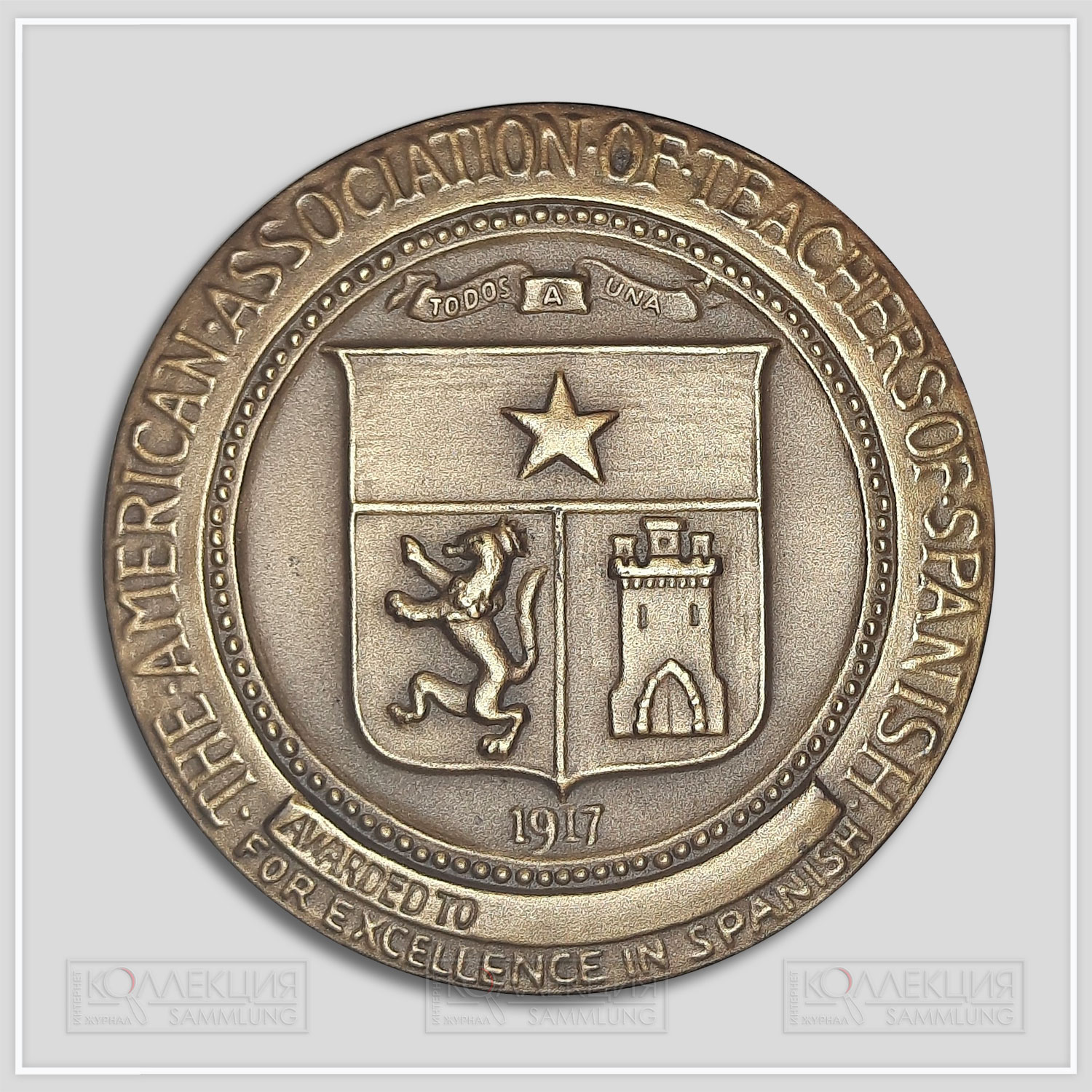 Julio Kilenyi. American Association of Teachers of Spanish Medal. Bronze, 1928 (?). Medallic Art Company. D=51 mm, p=38 gr (MACo 1928-024)