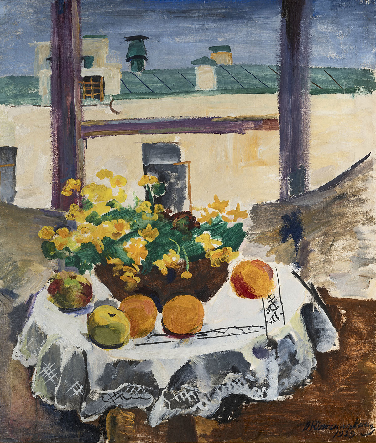 Кончаловский П.П. Стол с фруктами и жёлтыми цветами 1929. Холст, масло. ГРМ