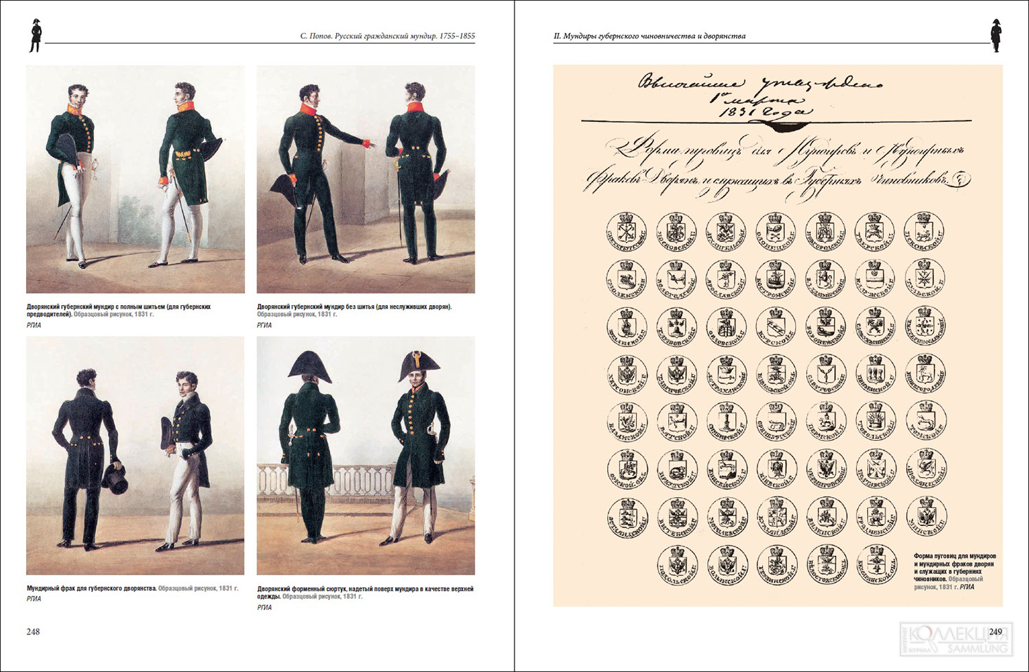 Страницы из 1-го тома книги С. А. Попова «Русский гражданский мундир в России. 1755 – 1855 года»