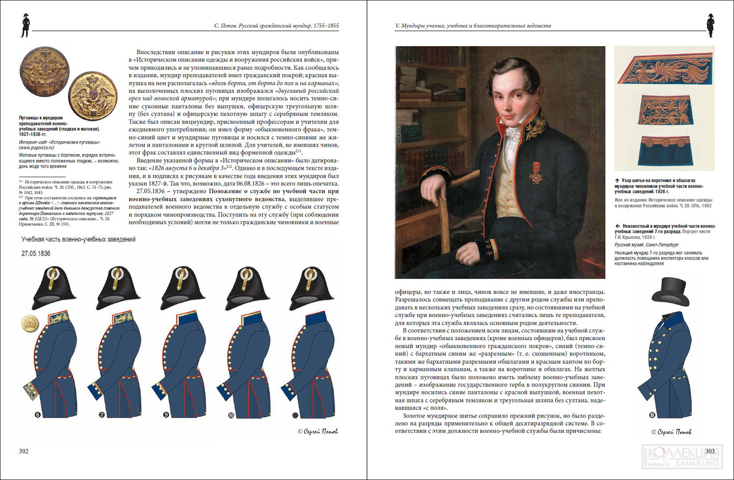 Страницы из 2-го тома книги С. А. Попова «Русский гражданский мундир в России. 1755 – 1855 года»