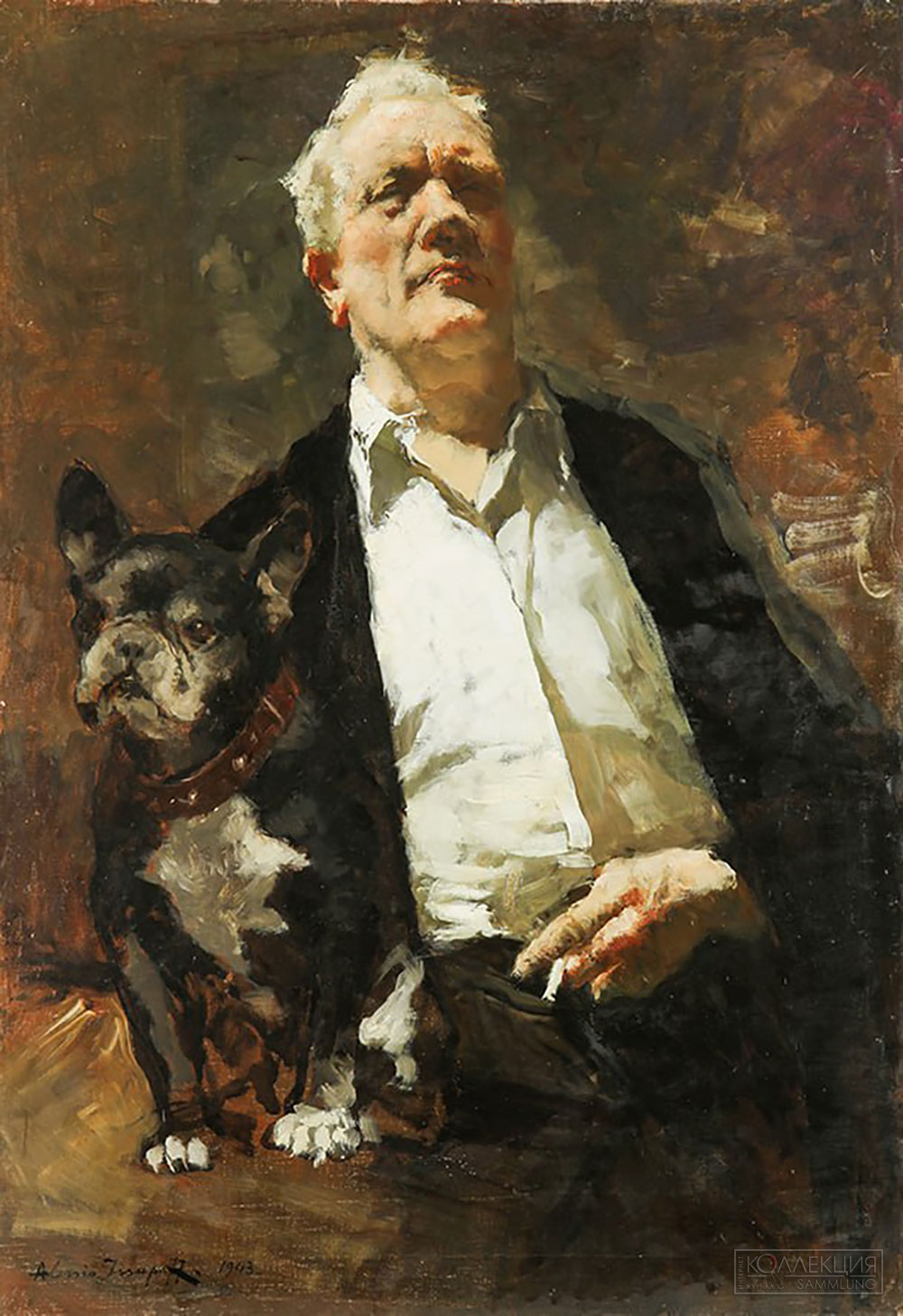 Исупов Алексей Владимирович (1889 — 1957). Автопортрет с собакой Ватрушкой, 1943. Вятский художественный музей имени В. М. и А. М. Васнецовых, Киров