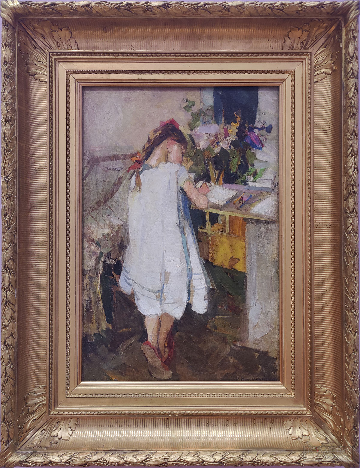 Сергей Виноградов (1870-1938). Пишет. 1910. Холст, масло. Частное собрание Изображена Софья Всеволодовна Мамонтова (1904-1991) — младшая дочь В.С. Мамонтова и Е.Д. Мамонтовой (урожд. Свербеевой). Портрет написан в усадебном доме семьи Мамонтовых, располагавшемся в имении Головинка Тульской губернии (ныне Орловская область)