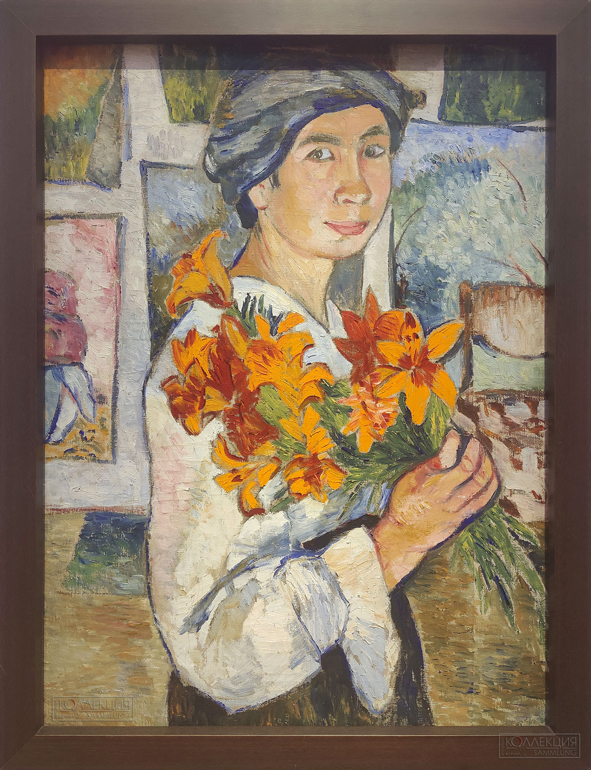 Гончарова Н.С. 1881-1962. Автопортрет с жёлтыми лилиями. 1907-1908. Холст, масло. 77,5x58,2. В раме: 83,5x64,5x6. ГТГ