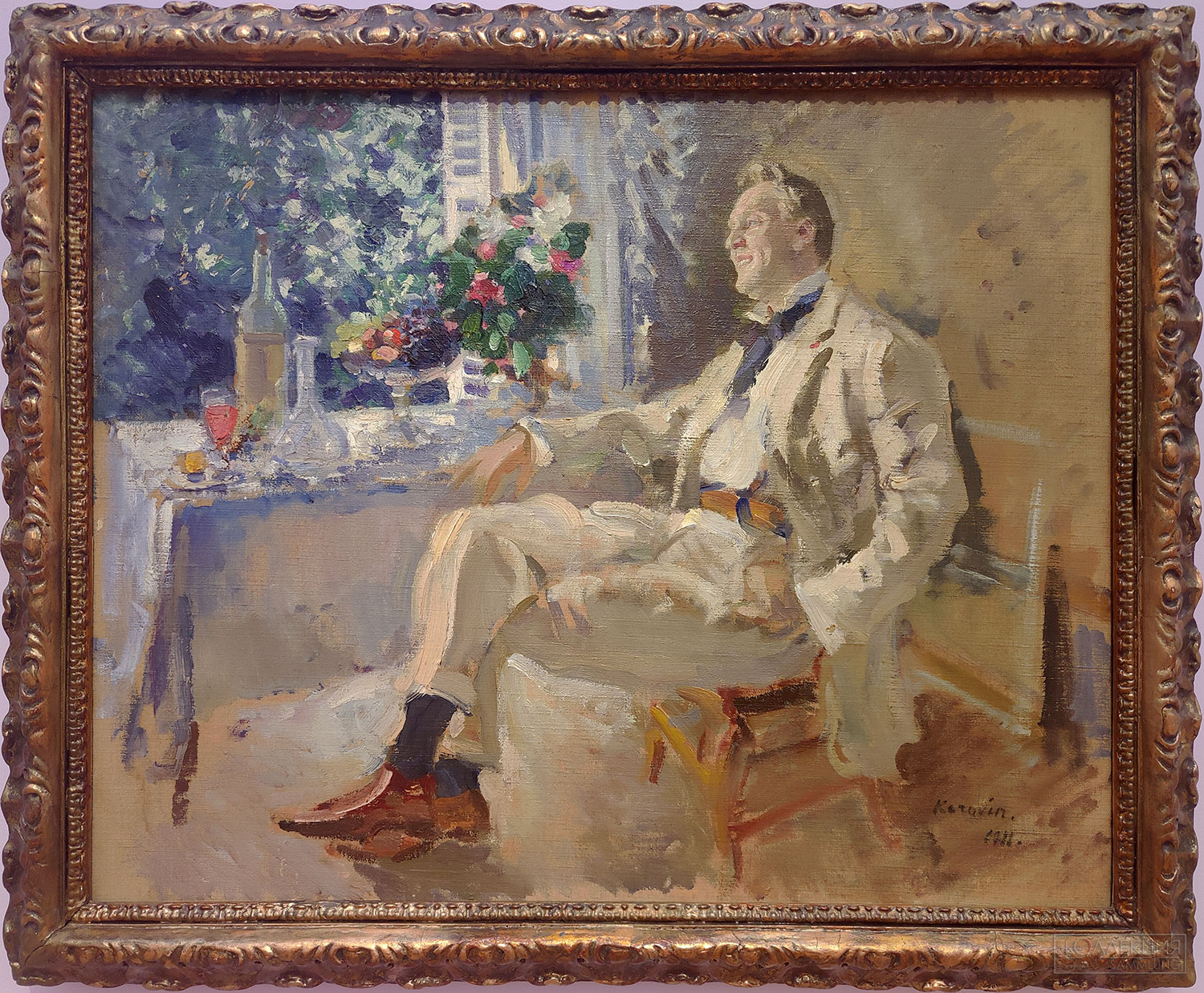 Константин Коровин (1861-1939). Портрет артиста Ф.И. Шаляпина. 1911. Холст, масло. ГРМ. Фёдор Иванович Шаляпин (1873-1938) русский оперный и камерный певец, солист Большого и Мариинского Императорских театров, а также Метрополитен-опера. Портрет был исполнен летом 1911 года на французском курорте Виши.