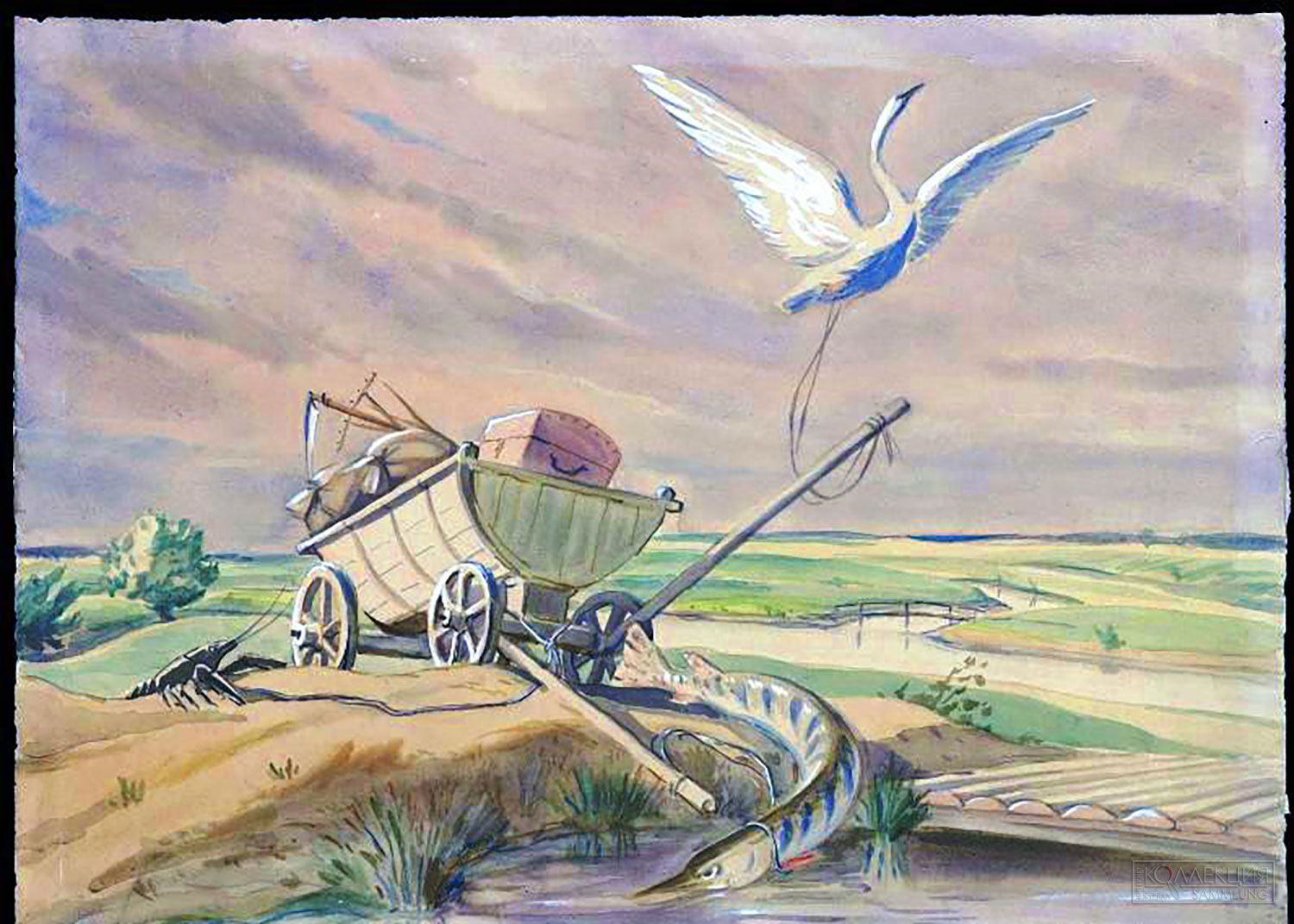 Ечеистов Г.А. Иллюстрация к басне И.А. Крылова «Лебедь, рак и щука». 1930-е. ГМИРЛИ имени В.И. Даля