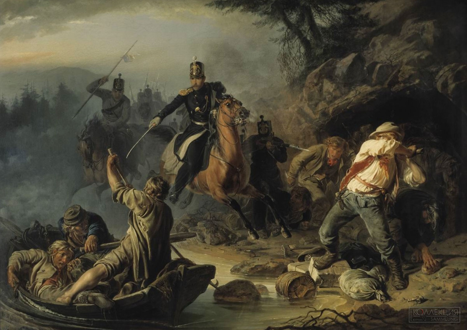 Худяков Василий Григорьевич (1826 — 1871). Стычка с финляндскими контрабандистами. 1853. Холст, масло. 95,6 × 133,6. ГТГ