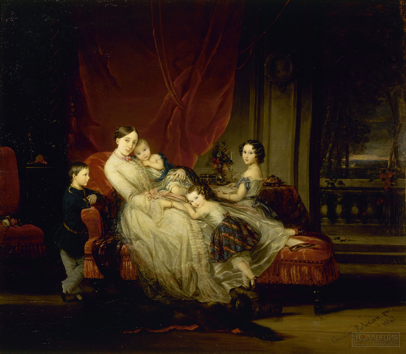 Робертсон Х. (Robertson, Christina). Портрет великой княгини Марии Николаевны (1819-1876), жены герцога М. Лейхтенбергского, с детьми -- Марией (1841-1914), Евгенией (1845-1928), Николаем (1843-1890) и Евгением(1847-1901). 1849. ГРМ