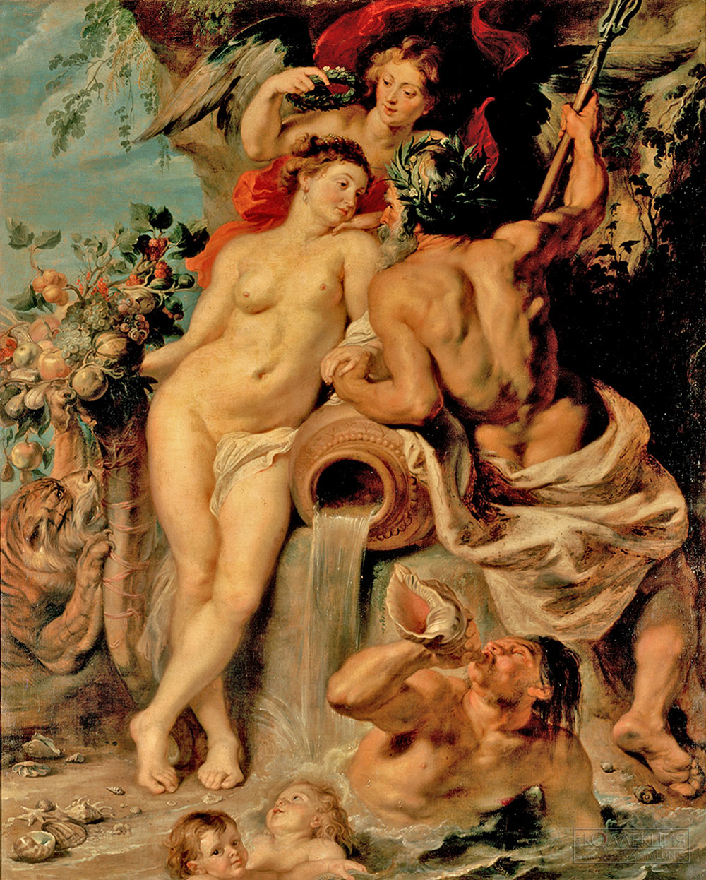 Питер Пауль Рубенс. Союз Земли и Воды. Около 1618. Холст, масло. 222,5 × 180,5 см. Государственный Эрмитаж (зал 247). Кибела как олицетворение земли, с рогом изобилия и речной бог Шельда, как олицетворение воды (аллегорическое изображение мечты фламандцев о снятии блокады и выходе к морю)