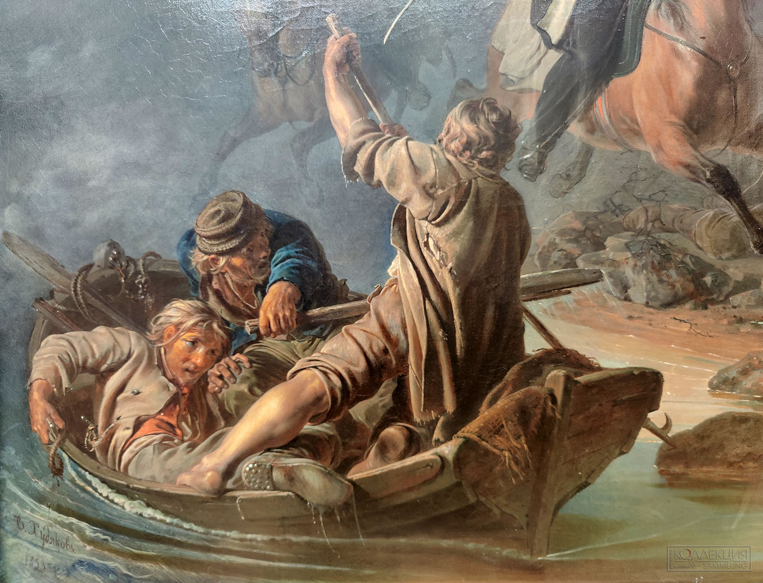 Худяков Василий Григорьевич (1826 — 1871). Стычка с финляндскими контрабандистами. 1853. Холст, масло. 95,6 × 133,6. ГТГ (Фрагмент)