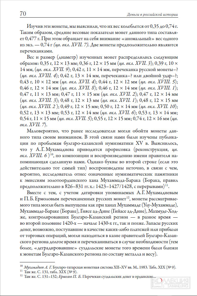 Алексеев И.Е. Об одном типе монет Булгаро-Казанского региона XV века с именем султана Махмуда // Деньги в российской истории. Вопросы производства, обращения, бытования. Вып. 8 / Сб. материалов Восьмой международной научной конференции (15-17 октября 2025 г., Санкт-Петербург) / Под ред. Н. Д. Алексеевой, А. А. Богданова, А. В. Богдановой. — СПб.: АО «Гознак», 2025. С. 67—71, XVII—XVIII