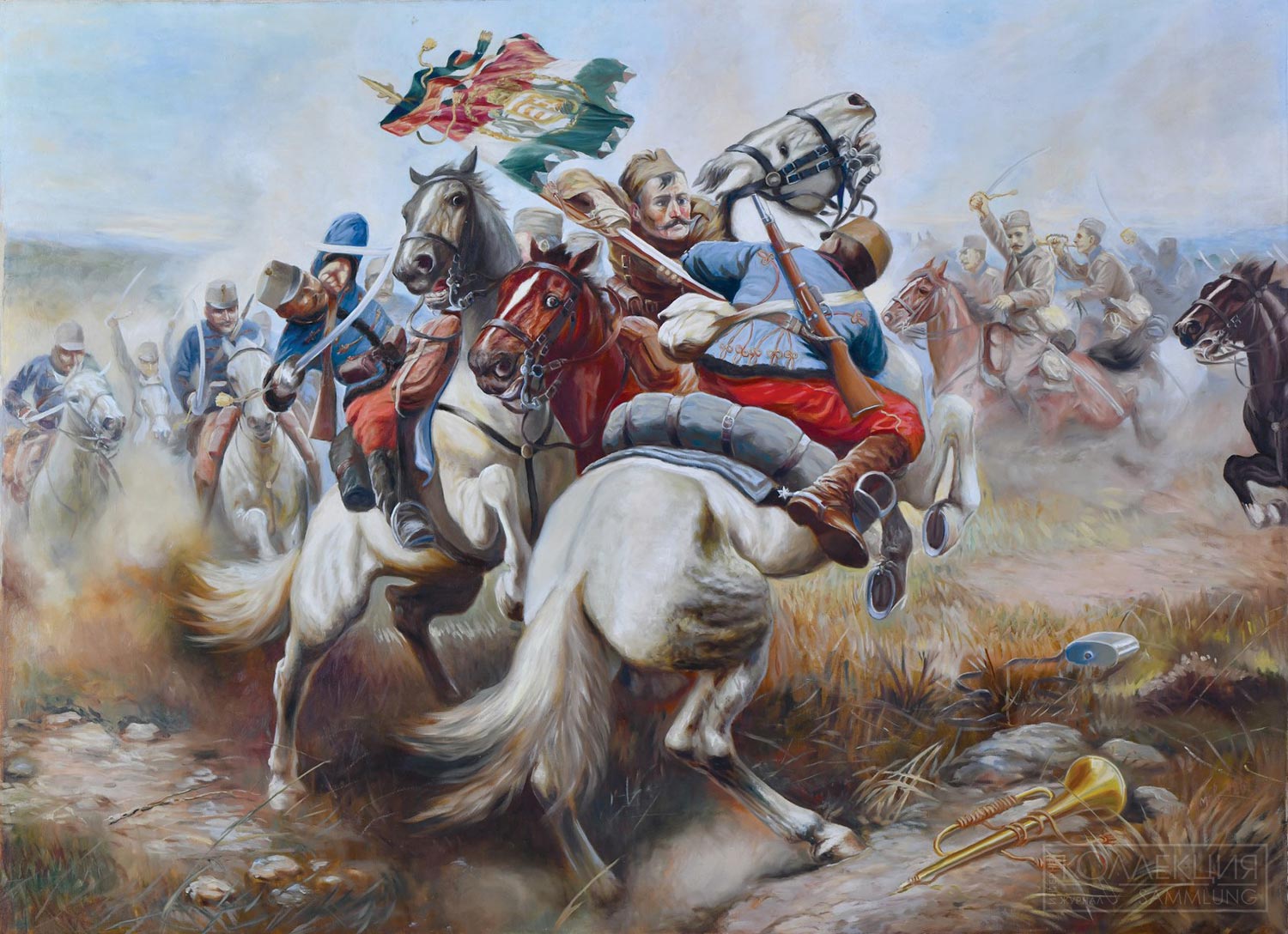 Афанасий Иванович Шелоумов (1892— 1983). Бой сербской кавалерии с венгерскими гусарами. Холст, масло. 146 х 199,5 см. Галерея Матицы сербской
