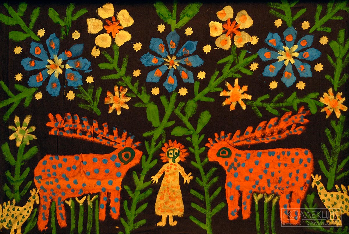 Коляго Лидия Михайловна. Белорусская ССР, Витебская область, Докшицкий район, деревня Ветахмо. Маляванка. 1980-е. Холст, масло, клеевые красители. Фонд ГУ «Витебский ОМЦНТ»