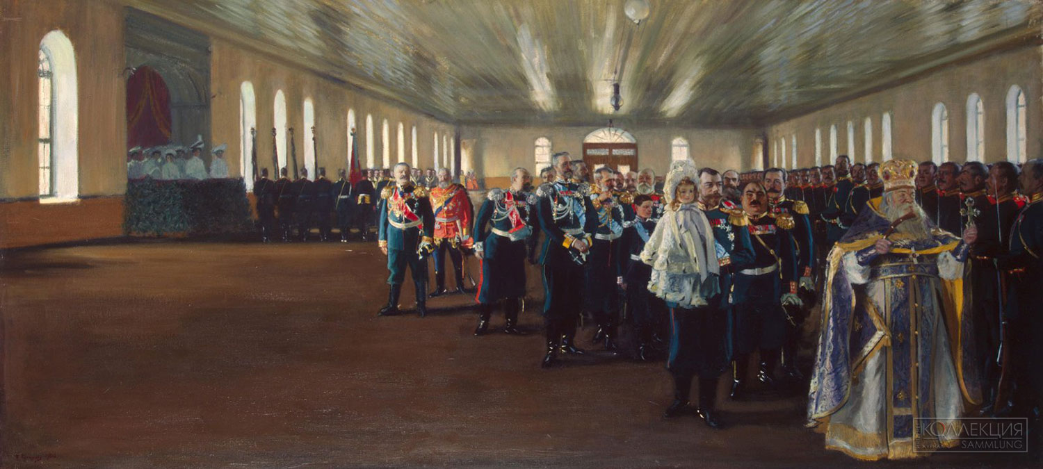 Кустодиев Борис Михайлович (1878-1927). Николай II с цесаревичем Алексеем на параде в манеже лейб-гвардии Финляндского полка. 1906. Холст, масло. Государственный Эрмитаж