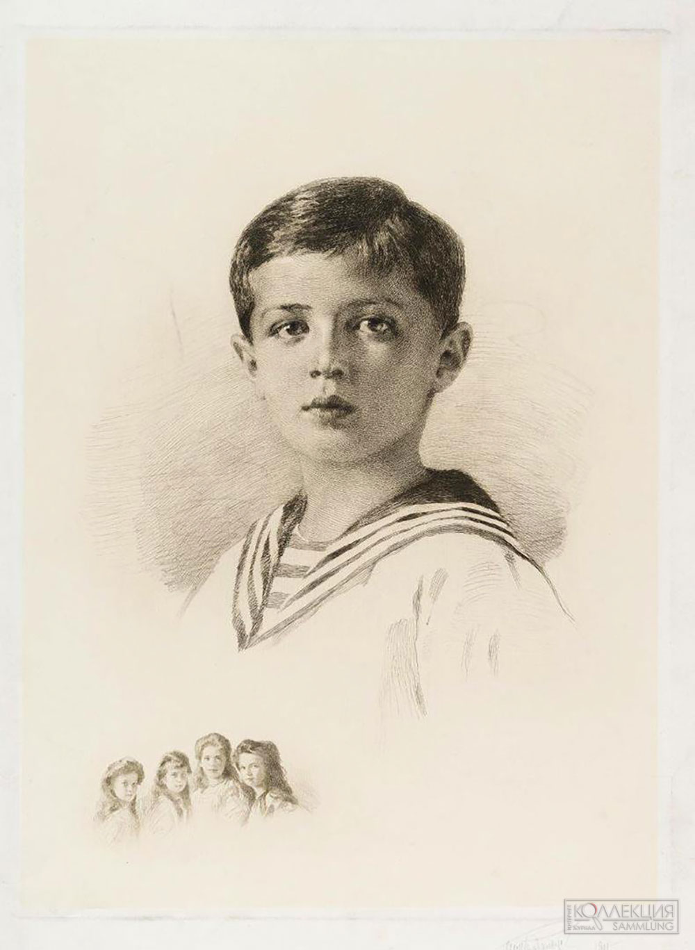 Рундальцов Михаил Викторович (Рундальцев) (1871-1935). Портрет цесаревича Алексея Николаевича в матросской рубашке. С фотографии ателье "Boissonas & Eggler". 1911. Бумага, плюр; офорт, сухая игла, отпечаток сепией. Государственный Эрмитаж
