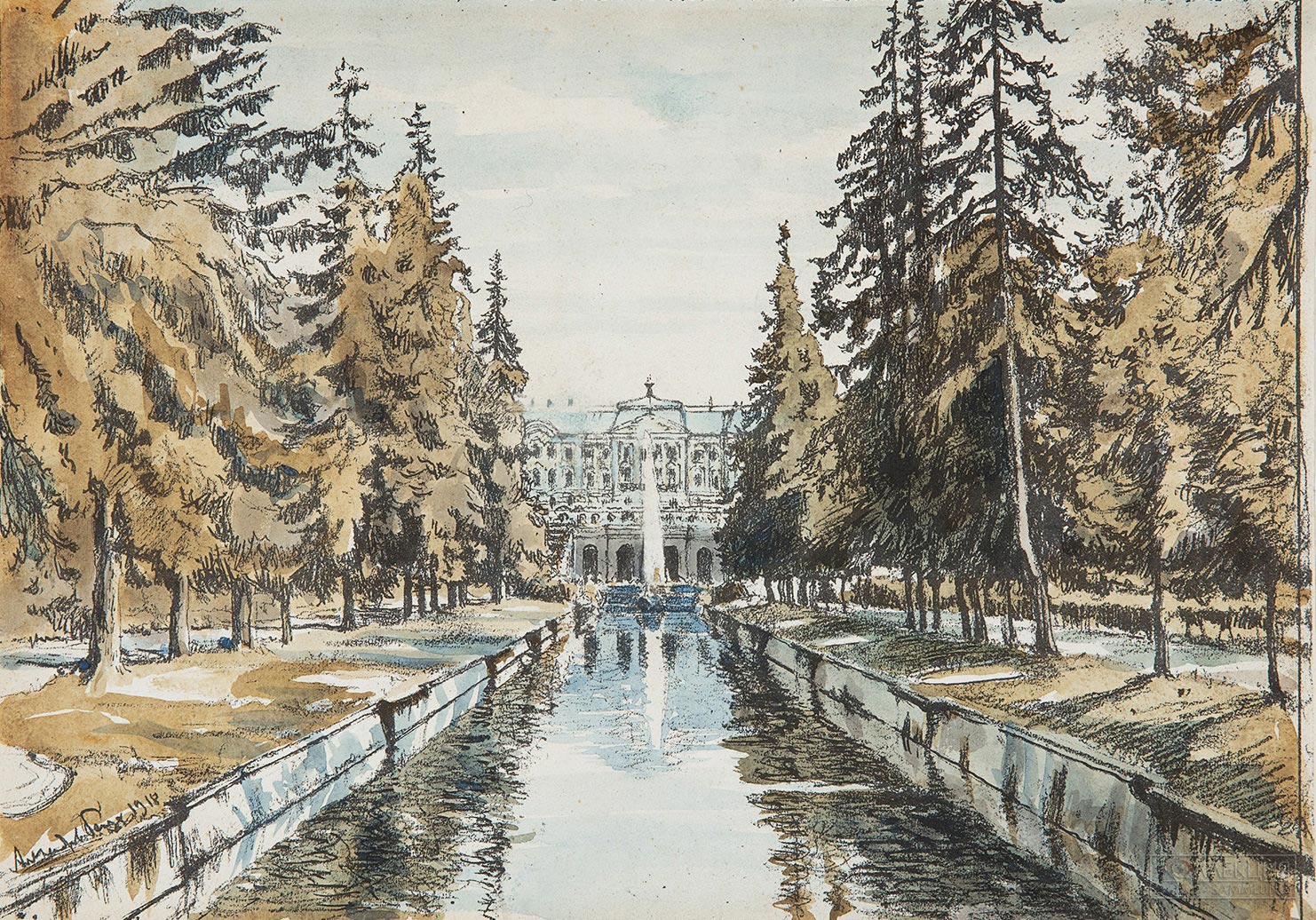 Бенуа Николай Александрович (1901–1988). Петергоф. Вид на Большой дворец. 1918. Государственный музей-заповедник «Петергоф»