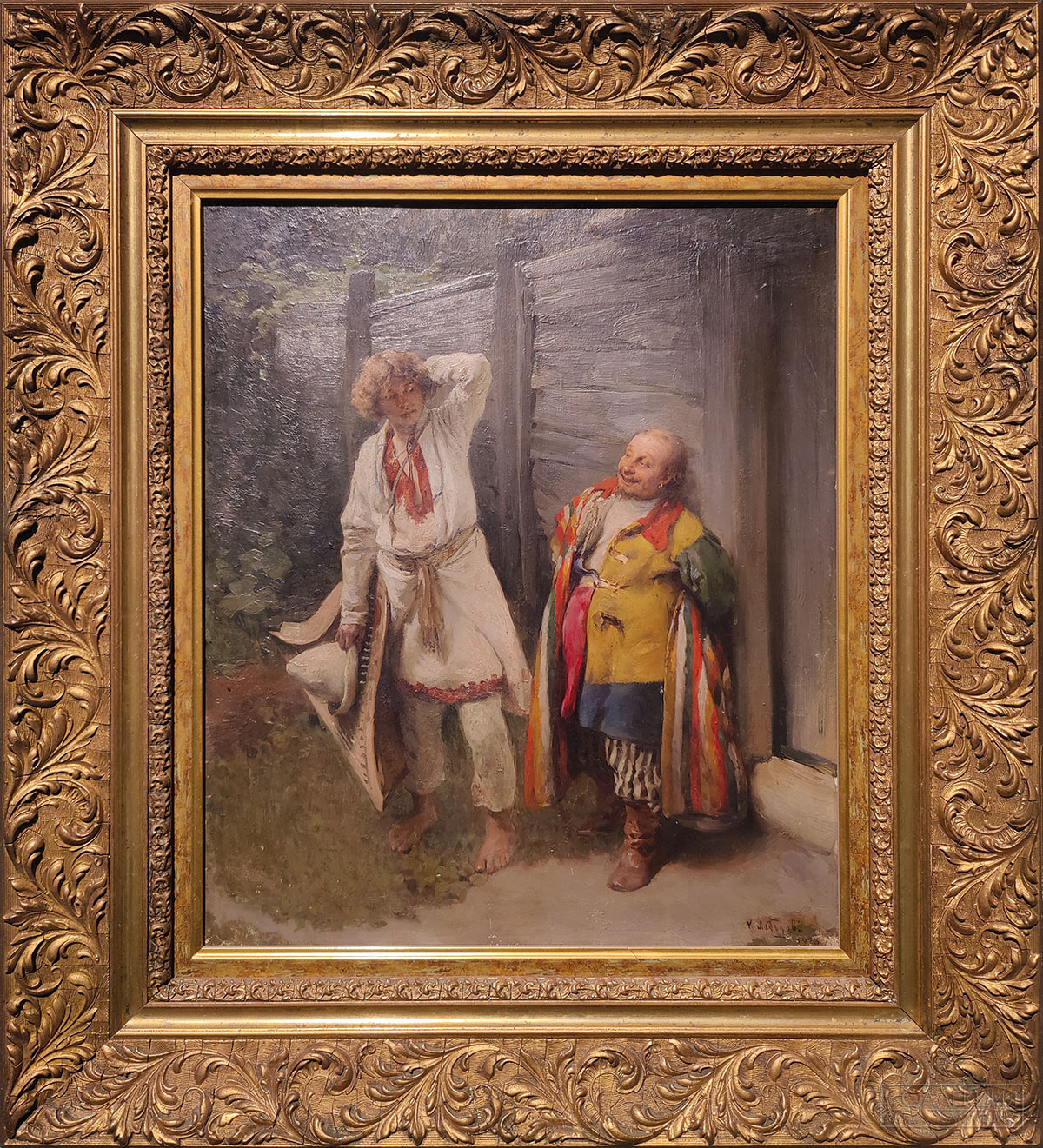 Лебедев Клавдий Васильевич (1852-1916). Приятели (Шут и гусляр). 1908. Дерево, масло. Частное собрание