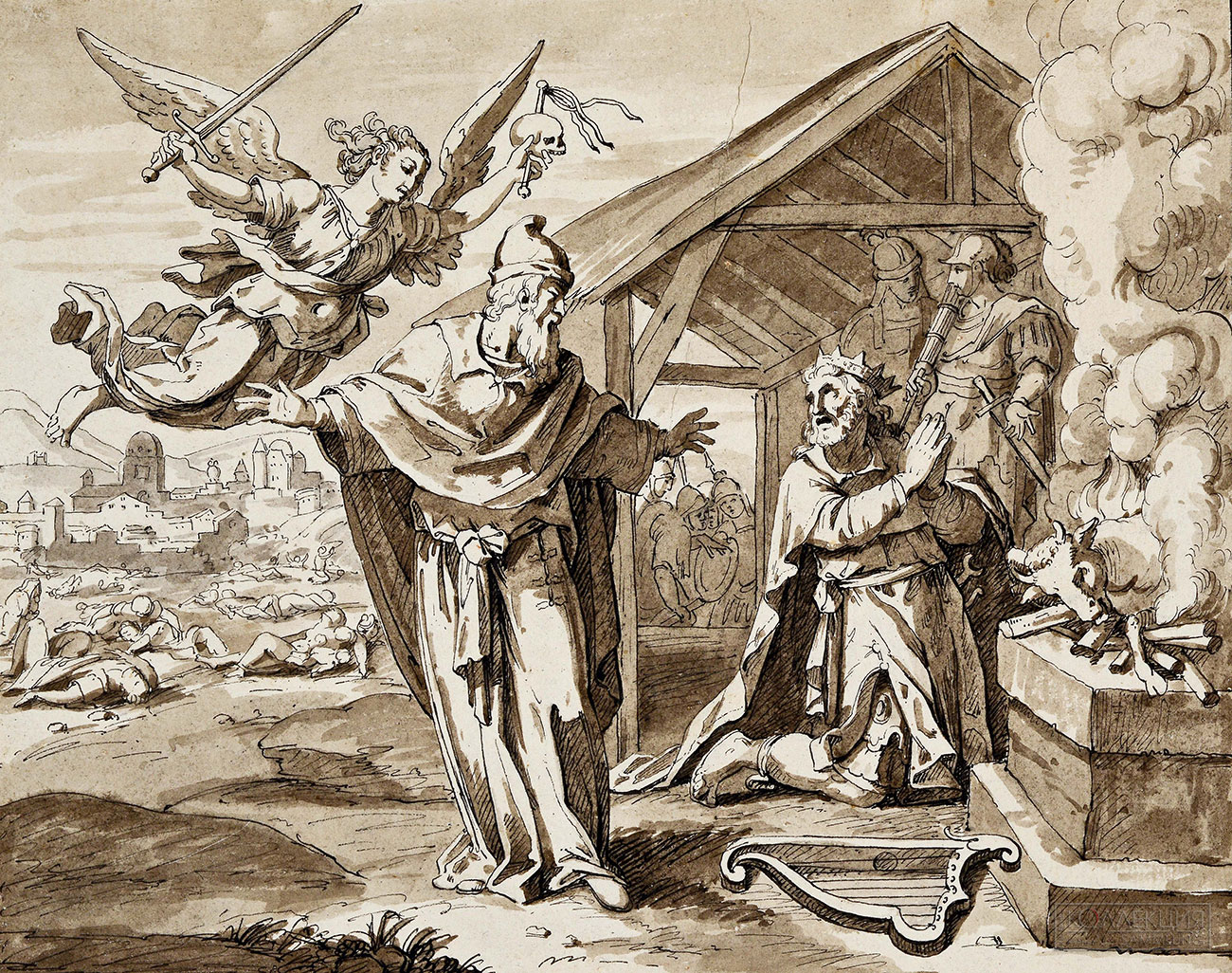 Витберг А.Л. Копия фламандской гравюры конца XVI в. «Пророк Гад наставляет царя Давида». 1800-е гг. Из собрания Музея архитектуры им. А.В. Щусева